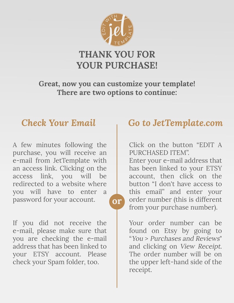 May include: A digital template purchase confirmation with instructions. The text includes "THANK YOU FOR YOUR PURCHASE!" and details on customizing the template via email or JetTemplate.com. It provides steps for accessing and editing the purchased item.
