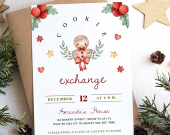 May include: A Christmas-themed invitation with a gingerbread man illustration, surrounded by holly and stars. The invitation reads "Cookie Exchange" and includes the date, time, and location. The invitation is on a white background with a brown envelope.