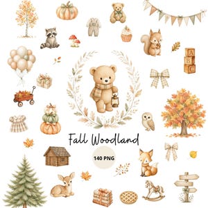 May include: A collection of watercolour illustrations featuring a teddy bear, woodland animals including a raccoon, squirrel, owl, and deer, autumn trees, pumpkins, a log cabin, a wagon, balloons, gifts, and the text Fall Woodland 140 PNG.