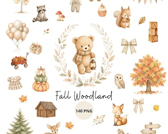 Fall Woodland Clipart Bundle, Watercolor Autumn Animals PNG, Commercial Use, Digital Download