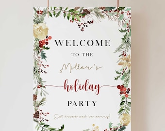 Holiday Party Sign Template, Christmas Welcome Sign Editable, Printable Template, Holiday Party Decor - CH6