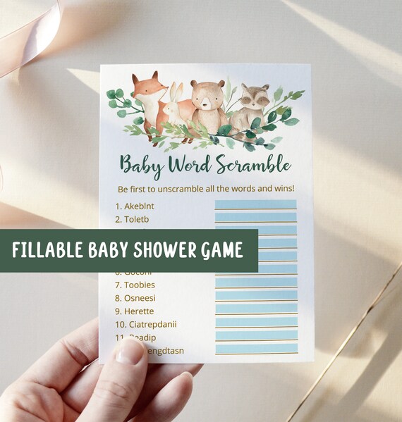 Editable Baby Shower Word Scramble Game, Social Distancing, Woodland, Virtual Baby Shower, Answer Included, Animals shower game - FB7 Il_570xn