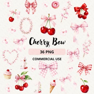 Puede incluir: Ilustración digital en acuarela con lazos rosas, cerezas, flores y un donut. El texto "Cherry Bow", "36 PNG" y "COMMERCIAL USE" está presente. La imagen tiene una estética ligera y aireada, perfecta para proyectos de diseño digital.