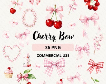 Clipart de lazo de cereza en acuarela, cereza en la cima, clipart de cintas rosas, primer cumpleaños de cereza, 36 PNG, uso comercial
