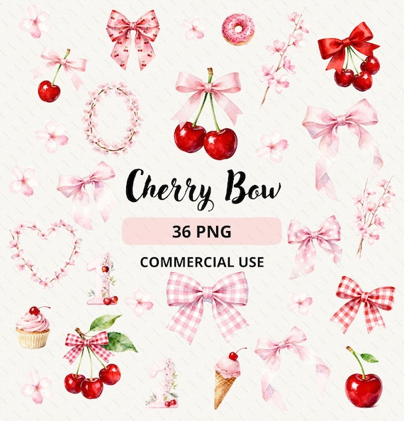 Watercolor Cherry Bow Clipart, Cherry on Top, Pink Ribbons Clipart, Cherry First Birthday, 36 PNG, Commercial Use
