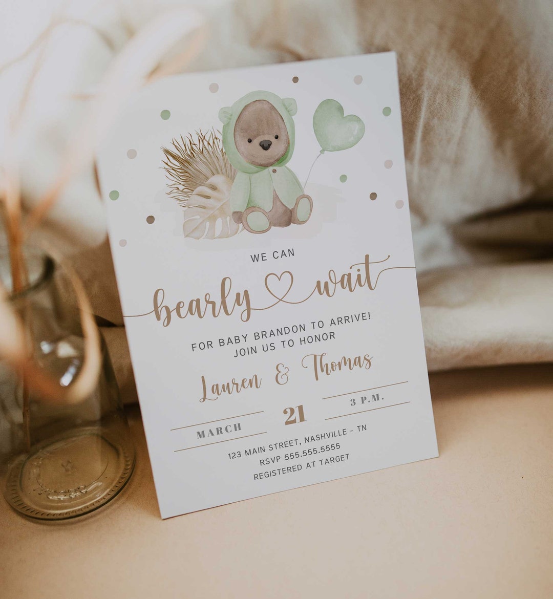We Can Bearly Wait Baby Shower Invitation Template, Green Teddy Bear ...