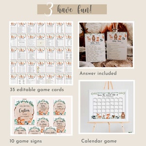 May include: A set of 35 printable baby shower game cards with woodland animal illustrations. The cards are editable and include an answer key. There are also 10 printable game signs with woodland animal illustrations and a printable calendar game with woodland animal illustrations.
