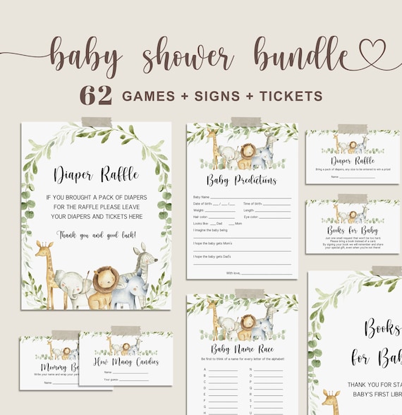 Safari Baby Shower Games Bundle, Jungle Baby Games Bundle, Safari Animals Baby Shower Sign, EDITABLE Baby Shower Game Instant Download - FB4