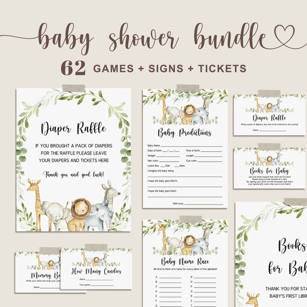 Safari Baby Shower Games Bundle, Jungle Baby Games Bundle, Safari Animals Baby Shower Sign, EDITABLE Baby Shower Game Instant Download - FB4