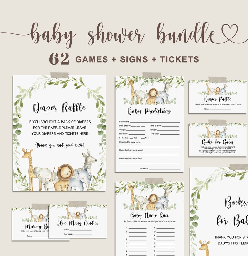 May include: A set of printable baby shower game cards featuring a jungle animal theme. The cards include games like "Diaper Raffle", "Baby Predictions", "Baby Name Race", "Mommy Be", and "How Many Candies".