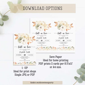 May include: Printable bridal shower invitation with an autumn theme. The invitation features a watercolour illustration of pumpkins, leaves, and flowers in shades of orange, brown, and white. The text "Fall in Love" is written in a script font. The invitation is for a bridal shower honouring Elizabeth Smith. The date and time of the shower are listed as 21st October, 12-3 p.m. The location is listed as The Bailey Residence.