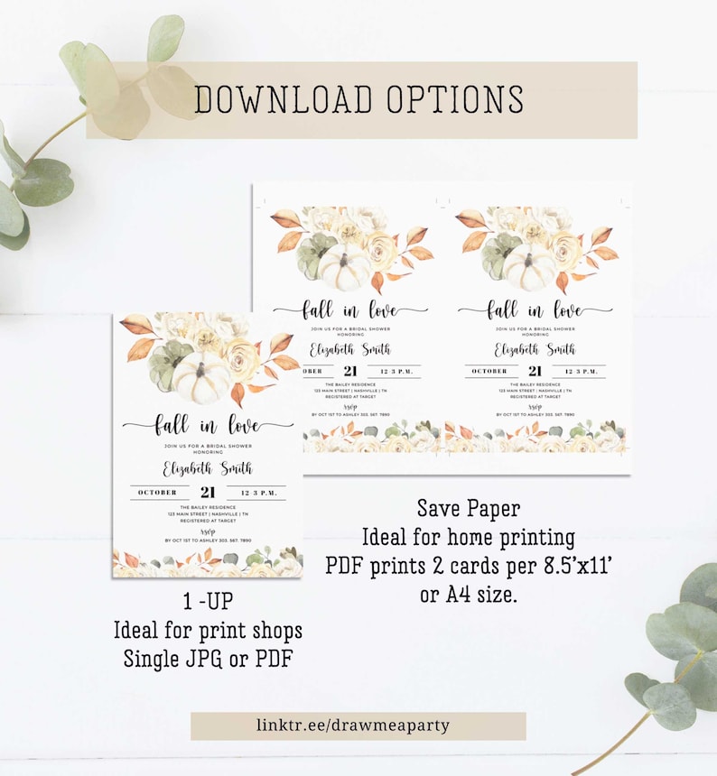 May include: Printable bridal shower invitation with an autumn theme. The invitation features a watercolour illustration of pumpkins, leaves, and flowers in shades of orange, brown, and white. The text "Fall in Love" is written in a script font. The invitation is for a bridal shower honouring Elizabeth Smith. The date and time of the shower are listed as 21st October, 12-3 p.m. The location is listed as The Bailey Residence.
