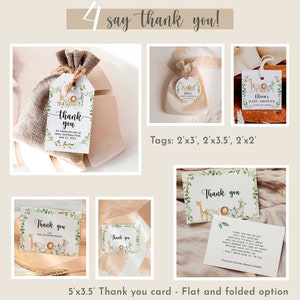 Puede incluir: Una colecci&oacute;n de tarjetas y etiquetas de agradecimiento para baby shower. Los dise&ntilde;os presentan ilustraciones en acuarela de animales de safari y vegetaci&oacute;n. El texto "Thank You" se muestra en las tarjetas y etiquetas. La imagen tambi&eacute;n incluye una bolsa de arpillera con una etiqueta.