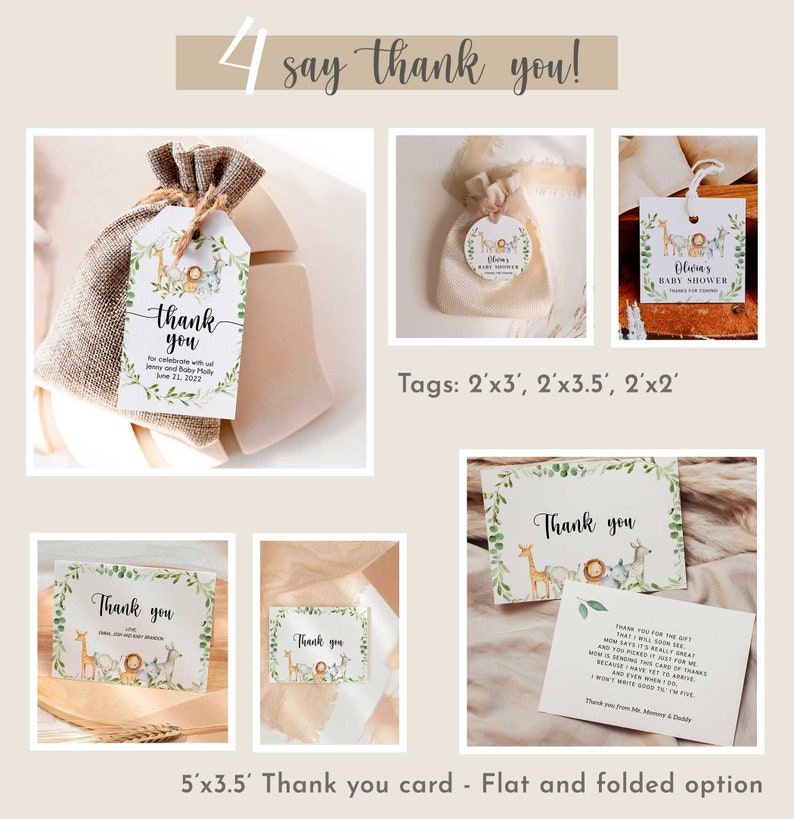 Puede incluir: Una colecci&oacute;n de tarjetas y etiquetas de agradecimiento para baby shower. Los dise&ntilde;os presentan ilustraciones en acuarela de animales de safari y vegetaci&oacute;n. El texto "Thank You" se muestra en las tarjetas y etiquetas. La imagen tambi&eacute;n incluye una bolsa de arpillera con una etiqueta.