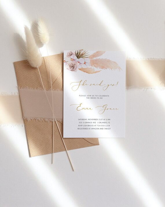 Bohemian Bridal Shower Invitation Template - Pampas Grass Bridal Shower Themed - Edit with Templett - Send Printed or by Text - LM2 Il_570xn