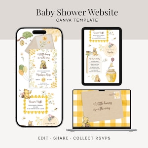 May include: A baby shower website template displayed on a phone, tablet, and laptop. The design features a Winnie the Pooh theme with yellow and white accents, honeycombs, and the text "A little honey is on the way."