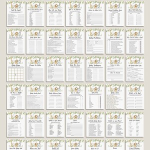 May include: 42 Editable 5"x7" Baby Shower Games featuring a jungle theme with illustrations of animals like lions, giraffes, and zebras. The games include titles like "Find the Guest", "Baby Bingo", "Who Knows Mom Best?", "Baby Predictions", "What's in the Bag?", "Guess the Baby Food", and "Emoji Baby Shower Bingo".