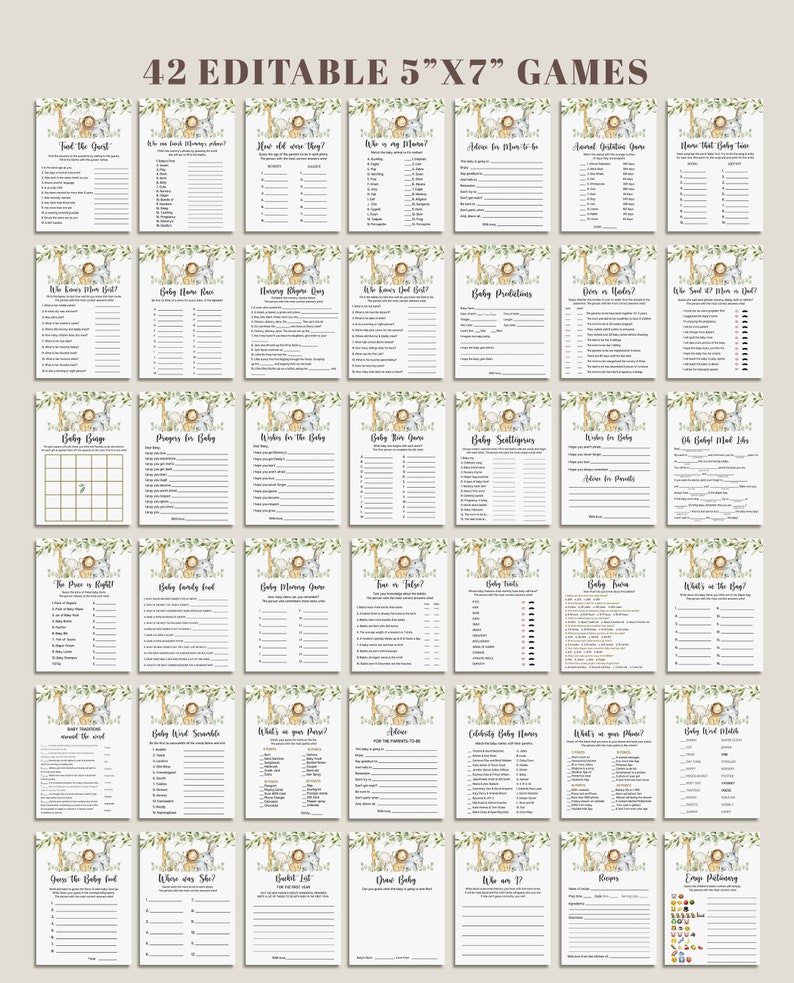 May include: 42 Editable 5"x7" Baby Shower Games featuring a jungle theme with illustrations of animals like lions, giraffes, and zebras. The games include titles like "Find the Guest", "Baby Bingo", "Who Knows Mom Best?", "Baby Predictions", "What's in the Bag?", "Guess the Baby Food", and "Emoji Baby Shower Bingo".
