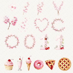 May include: A collection of watercolor illustrations featuring pink cherry blossoms arranged in branches, wreaths, and a heart shape, alongside the numbers one and two decorated with flowers and cherries, plus a cupcake, milkshake, ice cream, donut, and pie.