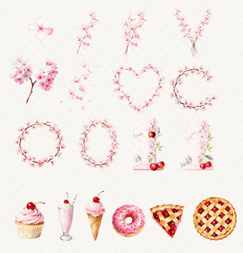May include: A collection of watercolor illustrations featuring pink cherry blossoms arranged in branches, wreaths, and a heart shape, alongside the numbers one and two decorated with flowers and cherries, plus a cupcake, milkshake, ice cream, donut, and pie.