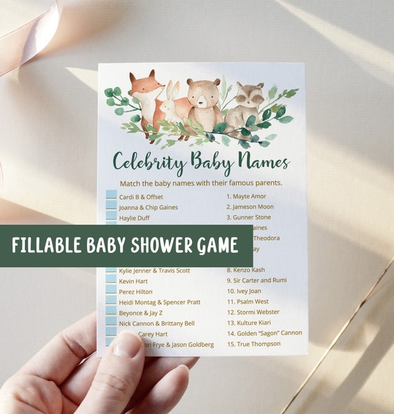 Woodland Celebrity Baby Names Game Editable, Online Baby Shower, Zoom Baby Shower, Animals Baby Shower, Answer Included - FB7 Il_570xn