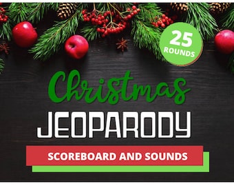 May include: Christmas Jeopardy game with 25 rounds, scoreboard and sound effects. The game is decorated with red and green holly and berries.