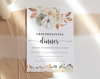 May include: A Friendsgiving dinner invitation with a watercolor illustration of pumpkins, fall leaves, and flowers. The invitation includes the date, time, and location of the event, as well as the hosts' names and a request for guests to bring a side dish.