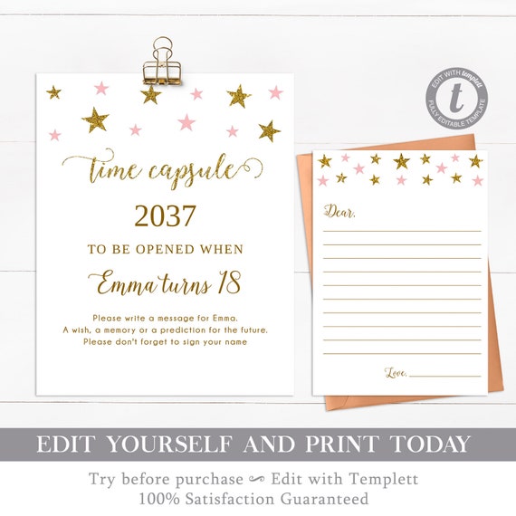 EDITABLE Time capsule, time capsule sign and cards, first birthday, baby time capsule, twinkle star baby shower, printable - SG2 Il_570xn