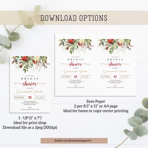 Puede incluir: Invitaci&oacute;n a una despedida de soltera con detalles florales en rojo, blanco y verde. La invitaci&oacute;n incluye el texto "BRIDAL shower" y los detalles del evento. La imagen tambi&eacute;n muestra opciones de descarga para imprentas.