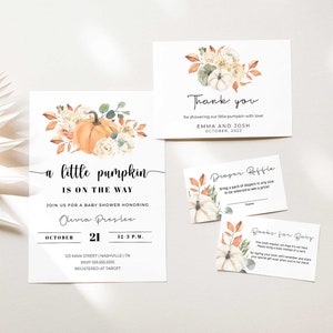 Pumpkin Baby Shower Invitation Set, Invitation Bundle, Fall Baby Shower Invite, Diaper Raffle, Books for Baby, Thank You Card Template - LL4