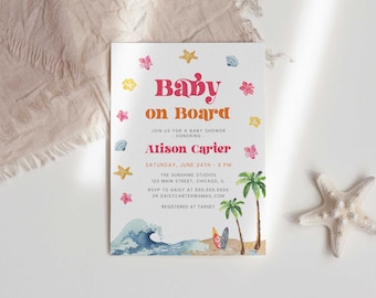 Surf Baby Shower Invitation, Baby on Board Baby Shower Invite, Beach Girl Baby Shower Invitation Template, Instant Download - SMR2