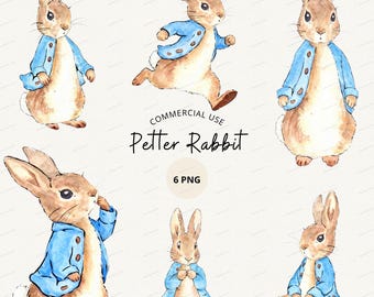 Petter Rabbit Clipart, Watercolor Bunny in Blue Jacket, Beatrix Potter Illustration for Baby shower, Baby Nursery, 6 PNG, Commercial Use