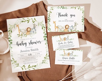 Safari Baby Shower Invitation Bundle, Book Request, Diaper Raffle and Thank You Cards Printable, Jungle Baby Shower Template - FB4