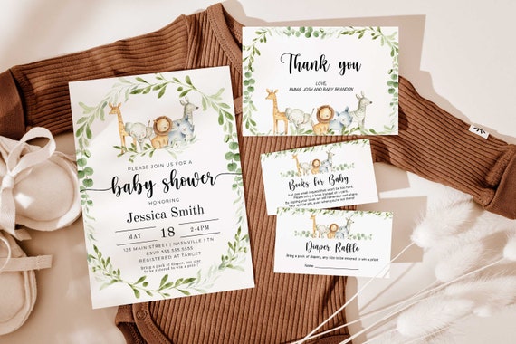 Safari Baby Shower Invitation Bundle, Book Request, Diaper Raffle and Thank You Cards Printable, Jungle Baby Shower Template - FB4