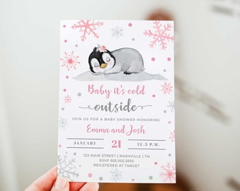 Winter Baby Girl Shower Invitation, Penguin Baby Shower Girl Invitation Template, Snowflake Baby Shower Instant Download - WT9