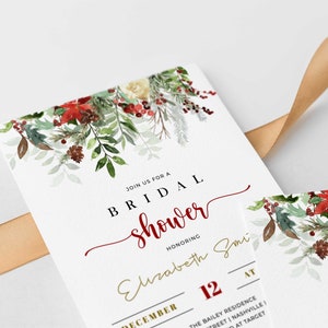 Puede incluir: Invitaci&oacute;n de despedida de soltera blanca con dise&ntilde;o floral en acuarela. La invitaci&oacute;n incluye el texto "Join us for a Bridal Shower Honoring Elizabeth Smi" con la fecha y los detalles del lugar.