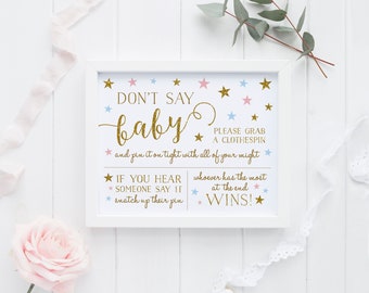 Don't say baby, clothespin baby shower game, gender reveal party, pink blue and gold stars, instant download, dont say baby game - SG6