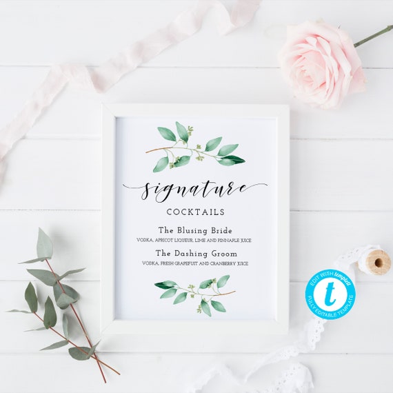 Signature cocktails sign, Greenery wedding bar sign editable template wedding drinks sign - GN1 Il_570xn