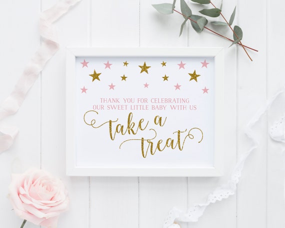 Twinkle Little Star Favor Sign, Take a Treat Girl Baby Shower Printable Sign, Instant Download, Pink and Gold 1st Birthday Decor - SG2 Il_570xn