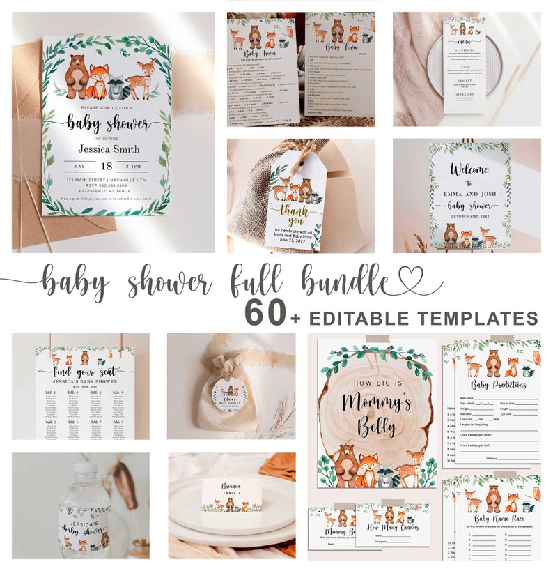 May include: A set of 60+ editable templates for a woodland themed baby shower. The templates feature a brown bear, fox, deer, and other woodland animals with green leaves and a woodgrain background. The templates include a welcome sign, baby shower invitations, thank you tags, find your seat cards, how big is mommy's belly game, baby predictions, and baby name game.