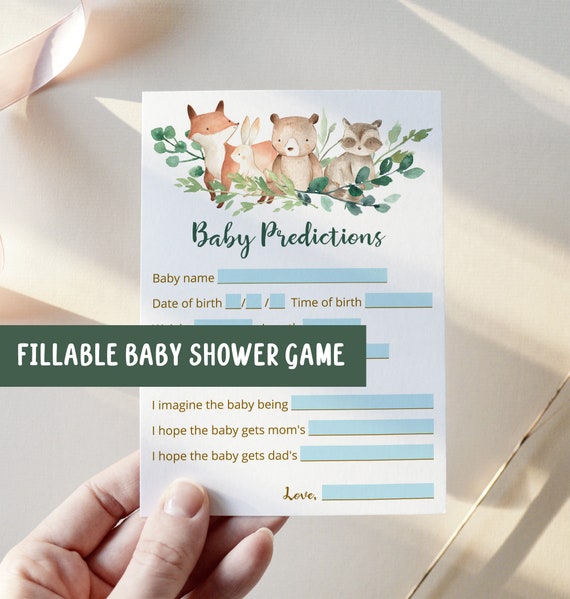 Baby Shower Predictions, Virtual Baby Shower Game, Woodland Baby Shower, Zoom Baby Shower, Prediction Card Fillable or Printable - FB7 Il_570xn