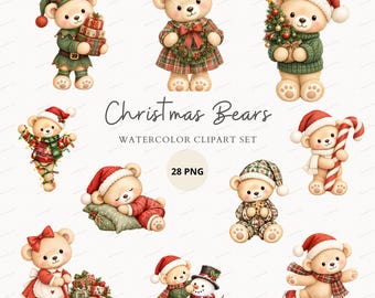 Christmas Bears Clipart, Vintage Watercolor Teddy Bear PNG, Commercial Use