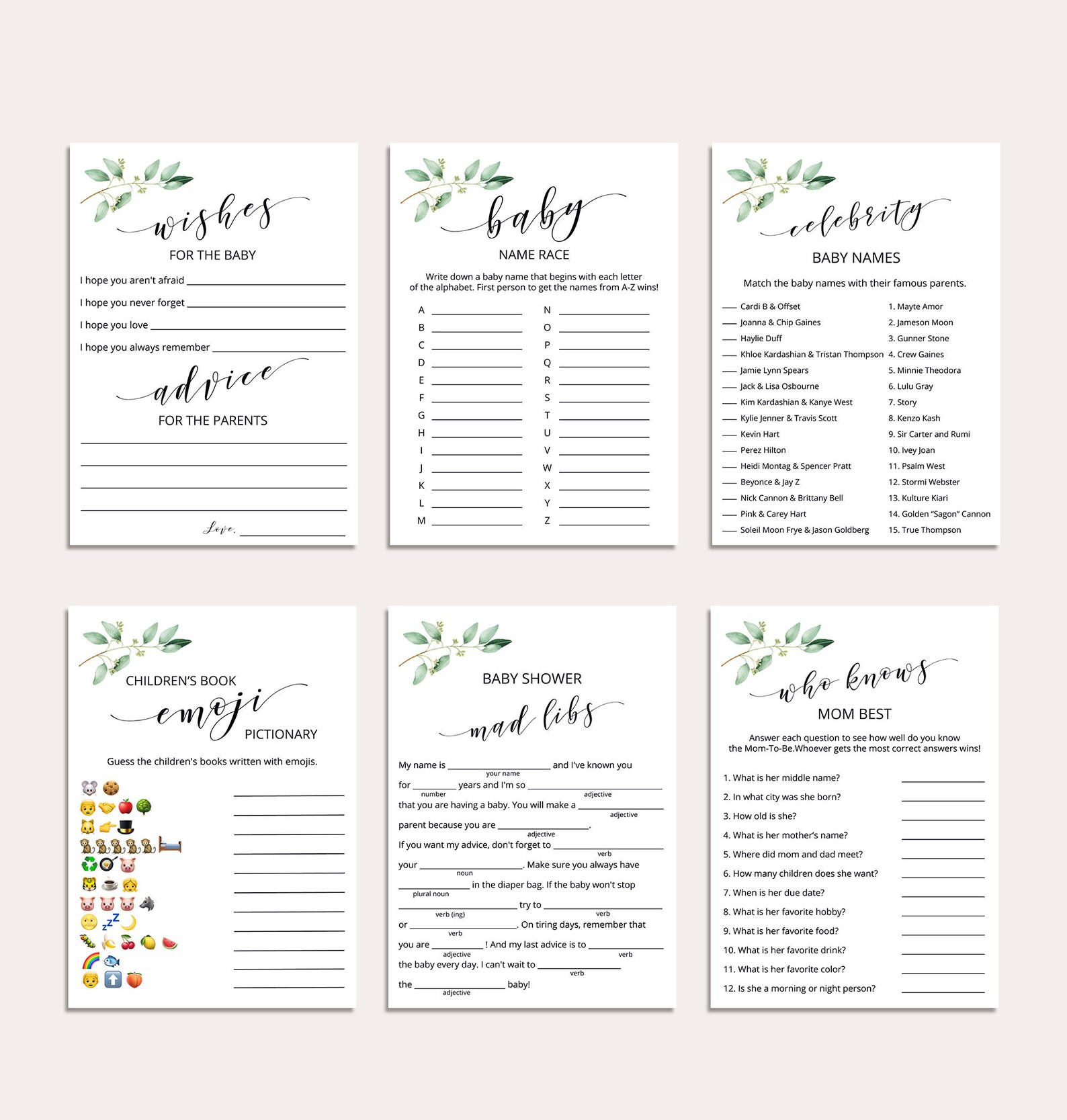 Virtual Baby Shower Games Zoom Baby Shower Games Greenery Baby Etsy