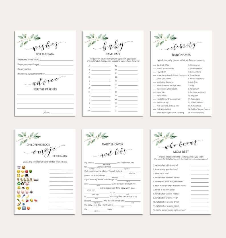 Virtual Baby Shower Games Zoom Baby Shower Games Greenery Baby Etsy