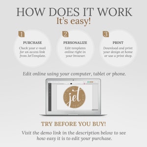 May include: A graphic showing how to use a digital template. The steps are purchase, personalise, and print. The image shows a laptop screen with a template that says "Edit with Jet Template".