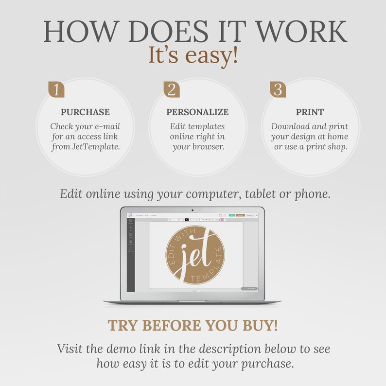 May include: A graphic showing how to use a digital template. The steps are purchase, personalise, and print. The image shows a laptop screen with a template that says "Edit with Jet Template".