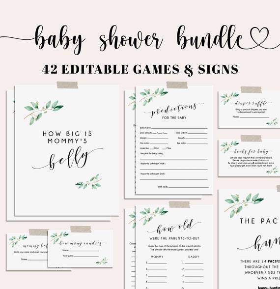Baby Shower Games Bundle, Baby Games Bundle, Greenery Baby Shower Games EDITABLE, Baby Shower Game, Instant Download - GN1 Il_570xn