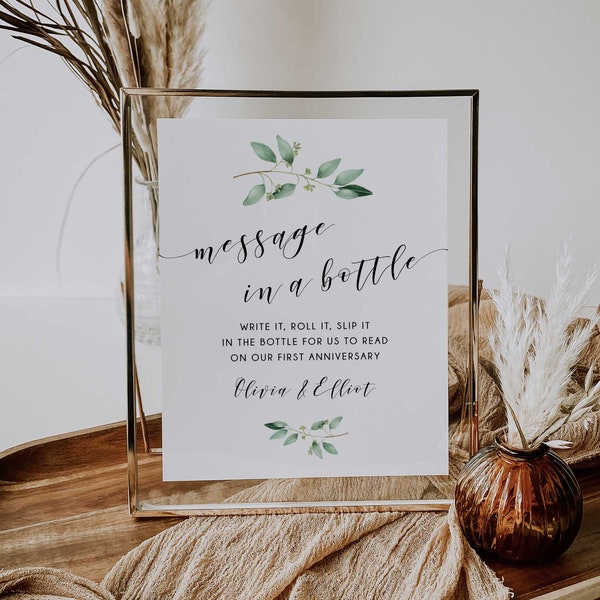 Message in a Bottle Sign, Message in a Bottle Template, Wedding Guest Book Sign, Greenery Wedding Sign, Printable Digital Download - GN1