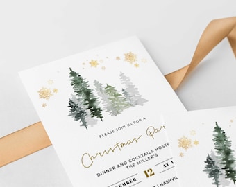 May include: White Christmas party invitation featuring watercolour evergreen trees and gold snowflake details. The text reads "Please join us for a Christmas Party" in elegant script. Includes details for dinner and cocktails.