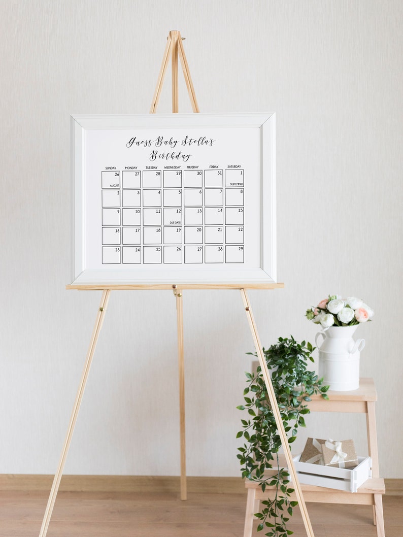 BW2 Editable Template Due Date Baby Shower Calendar Guessing Game Gender Neutral Rustic Baby Shower Birthday Prediction Minimalist